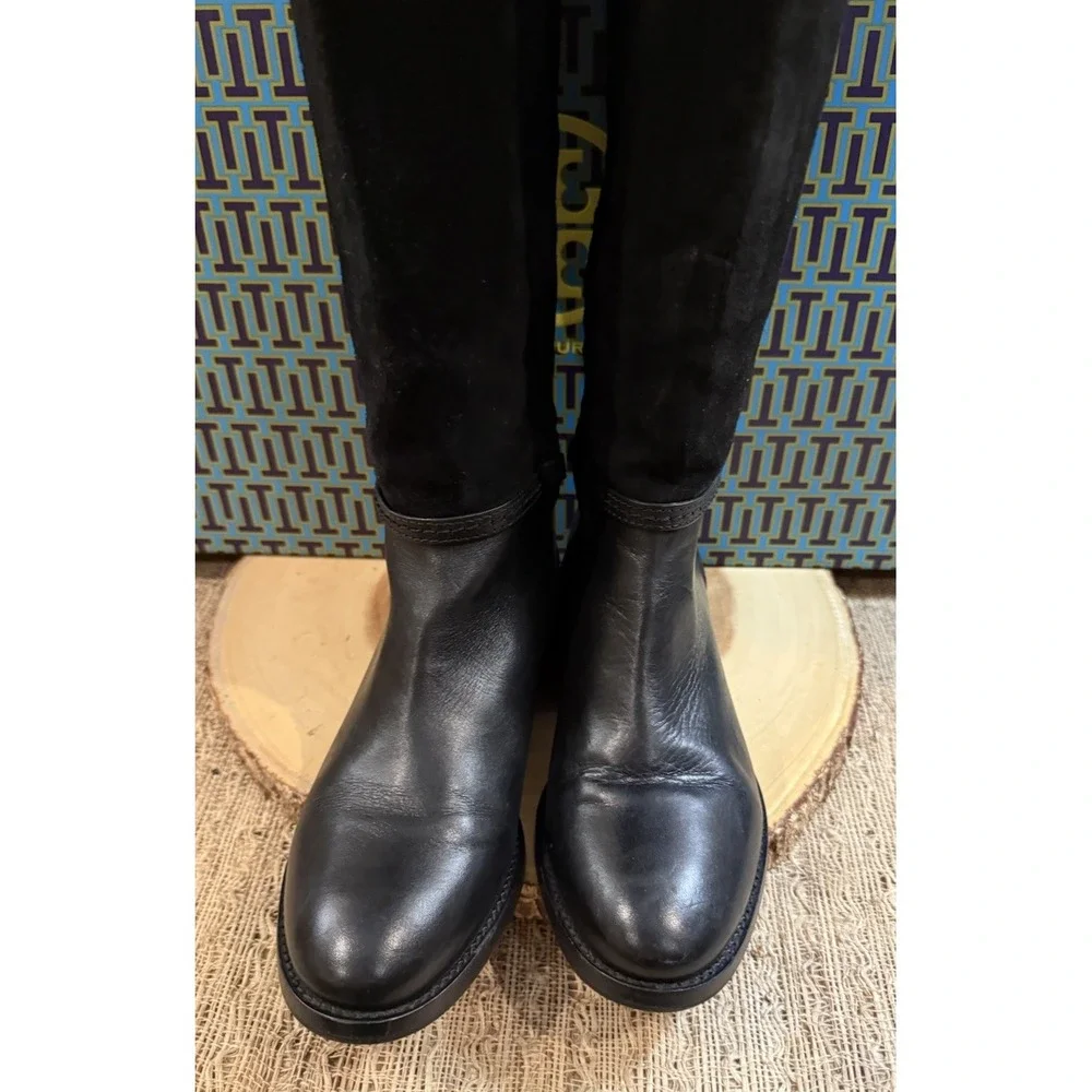TORY BURCH Miller Knee Riding Boot GOLD LOGO‎ LEATHER SUEDE BLACK Sz-7.5 550$